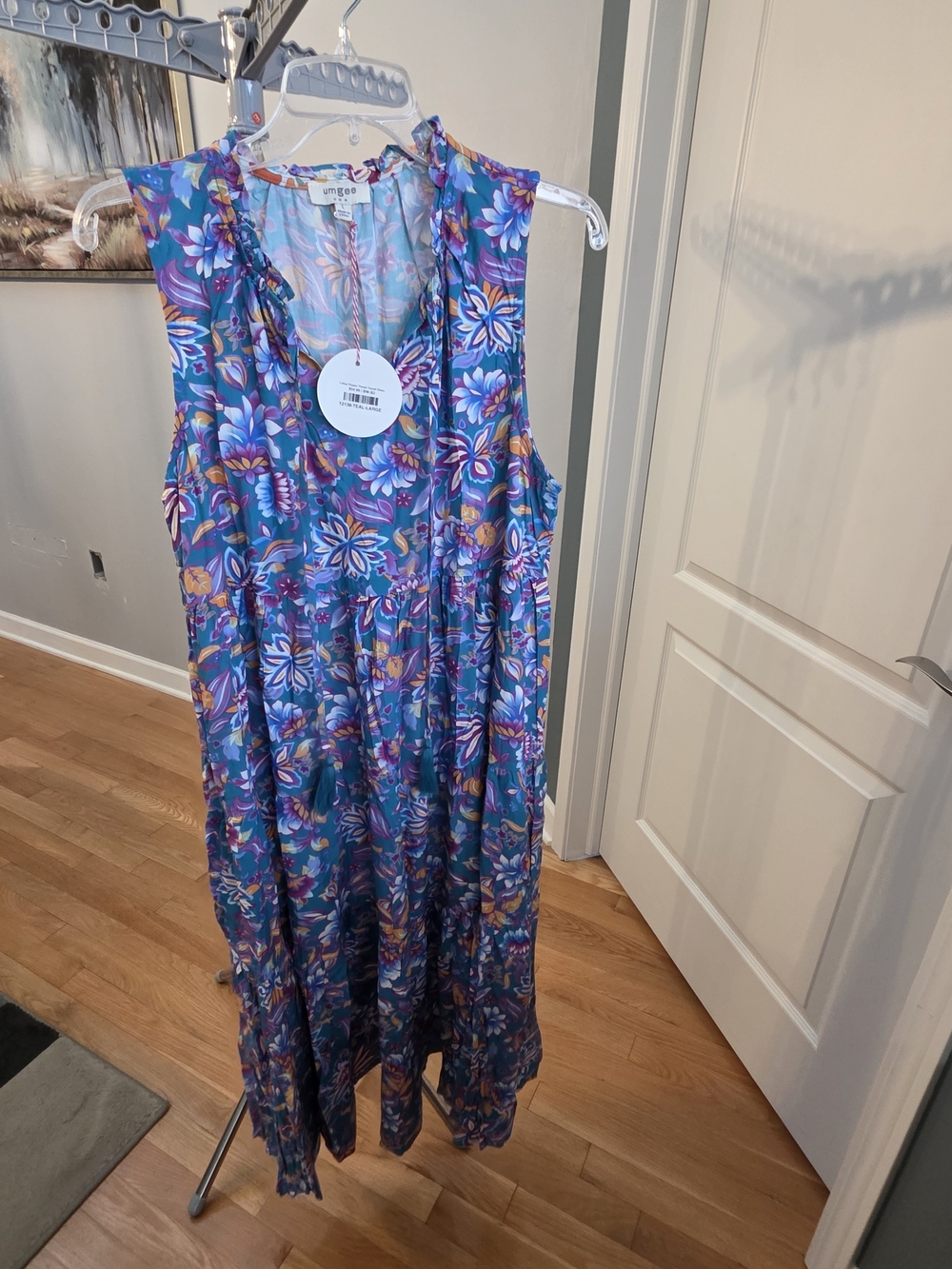 Umgee Teal Floral Ruffled Neck Dress with Purple Accents